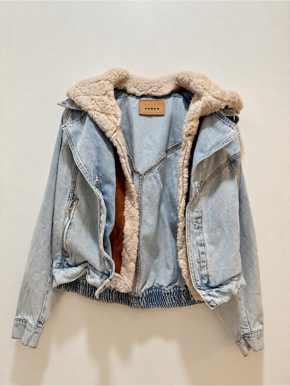 BLANKNYC Light Wash Denim Moto Jacket Removable Sherpa Hood XS